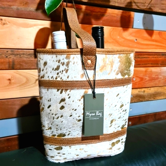 Myra Bag Leather Cotton Carve Gold Tan Cream Unique Medium Tote Bag Handbag - Picture 6 of 16